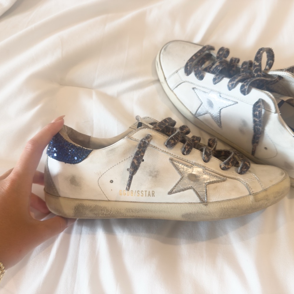 Golden Goose White Sneakers with Blue Glitter and Gray Details